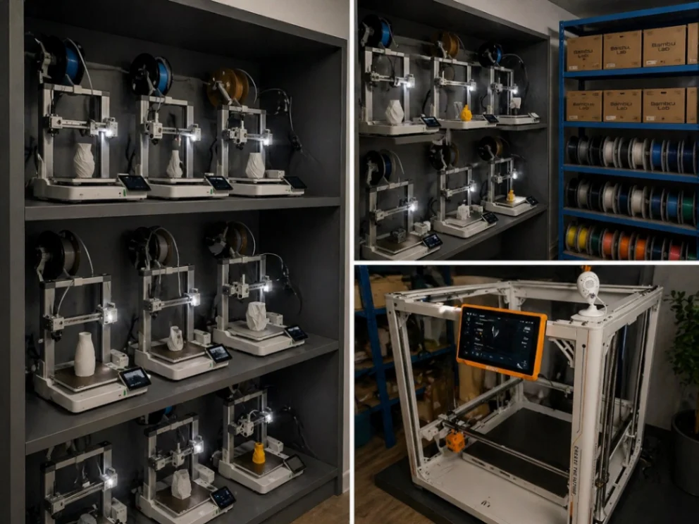 Taller con estanterías de impresoras 3D y bobinas de filamento en funcionamiento