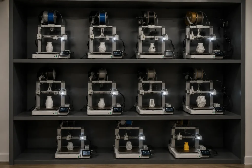 Estantería con múltiples impresoras 3D fabricando piezas simultáneamente