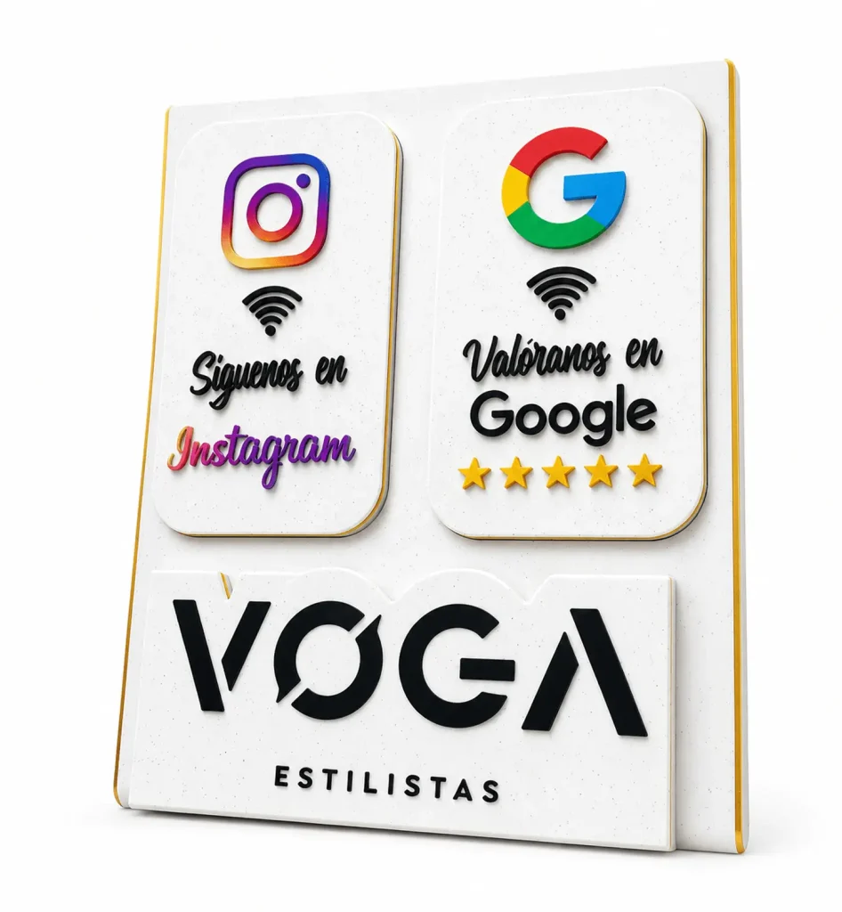 Cartel con iconos de redes sociales integrados para peluquería Voga