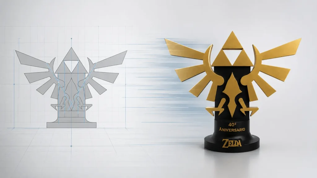 Diseño 3D transformándose en trofeo dorado del 40º aniversario de Zelda, del modelo CAD a la pieza final