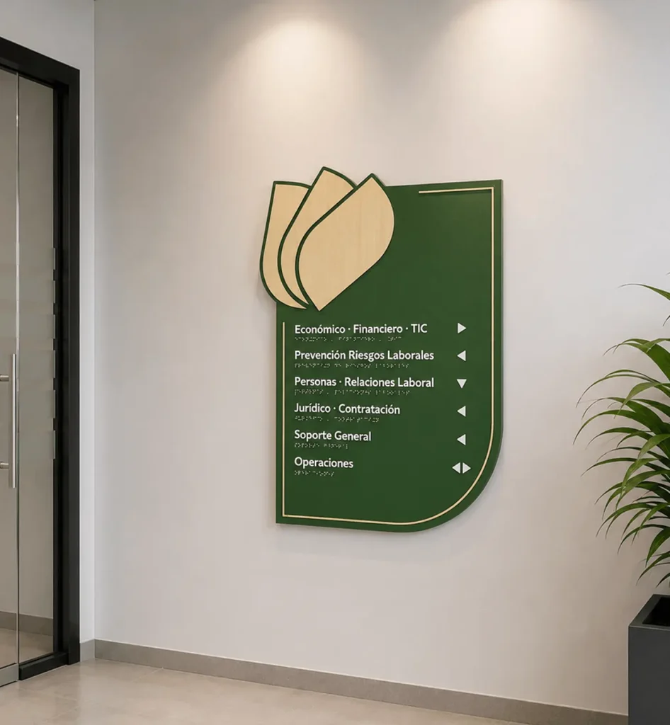 Señalética corporativa de pared en espacio de oficina