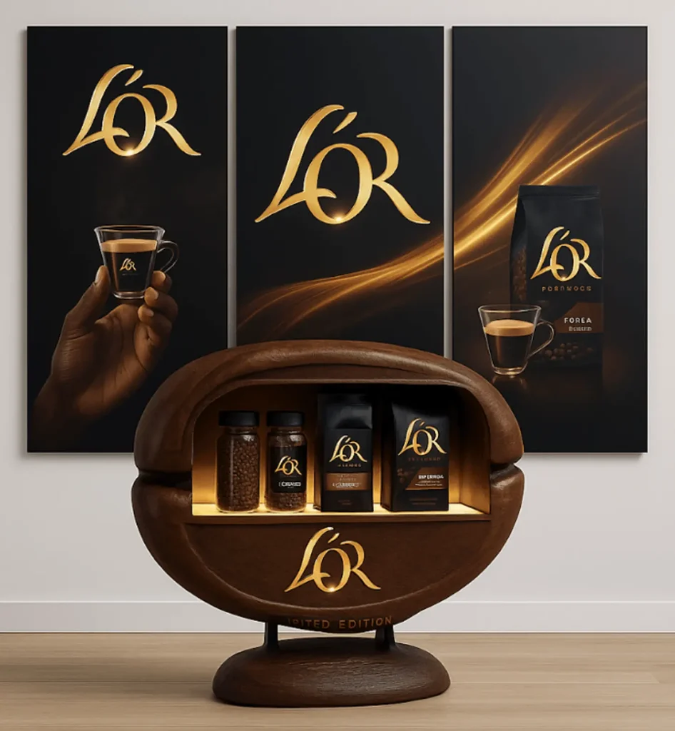 Expositor promocional de madera para productos de la marca L'Or