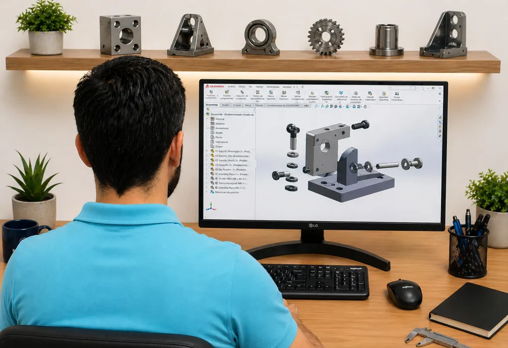 Persona diseñando una pieza en software CAD 3D en su escritorio