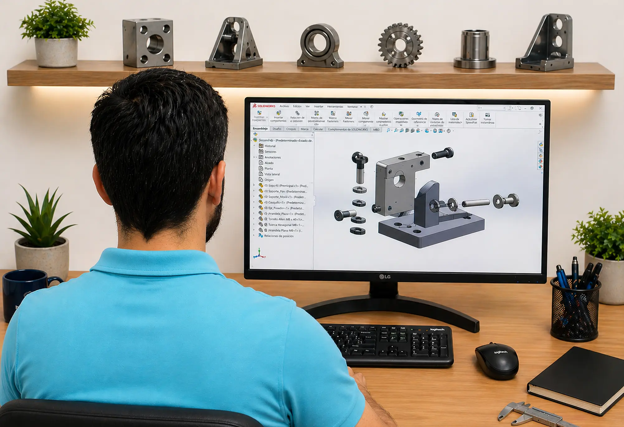 Persona diseñando una pieza en software CAD 3D en su escritorio