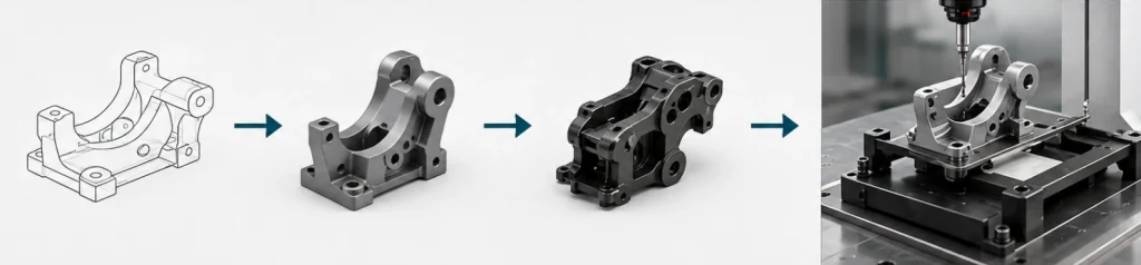 Evolución de una pieza desde el boceto 3D hasta la fabricación final, en cuatro etapas