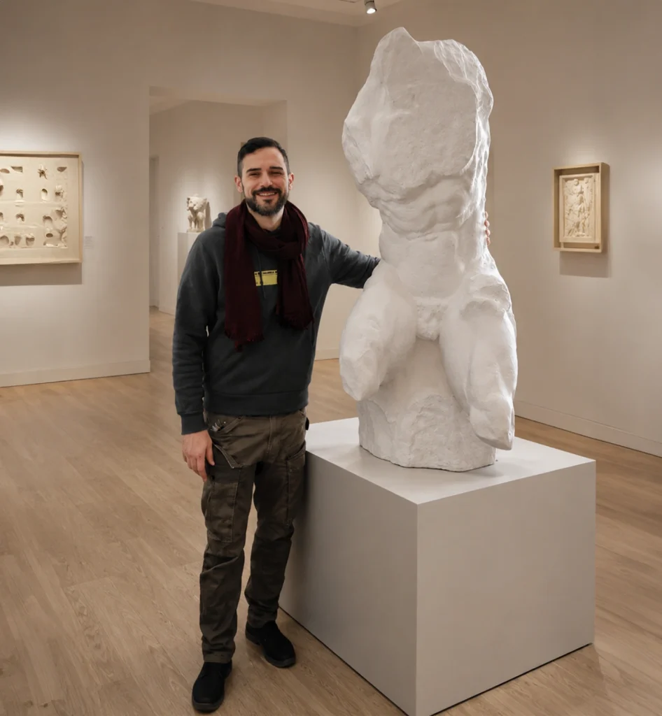 Escultura de gran formato fabricada en impresión 3D junto a una persona para escala